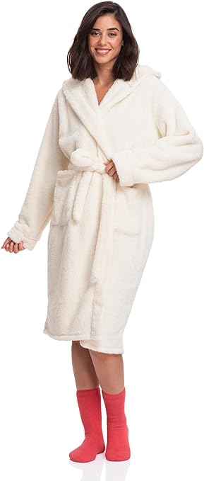 Women's Sherpa Hooded Robe in Off White - Experience Ultimate Plush Comfort Every Time