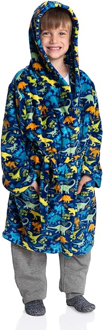 Jurassic Comfort: Fleece Dinosaur Kids Robe - Cozy Hooded Embrace for Young Paleontologists