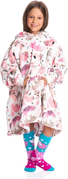 Cozy Feline Embrace: Fleece Cat Girl Wearable Blanket Hoodie - Plush Comfort for Young Trendsetters