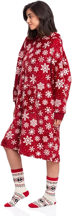 Snowflake Print Red Wearable Blanket Hoodie for Women
