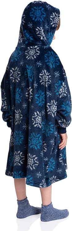 Wintry Embrace: Girls Fleece Wearable Blanket in Christmas Blue Print - Cozy Festive Warmth for Little Starlets