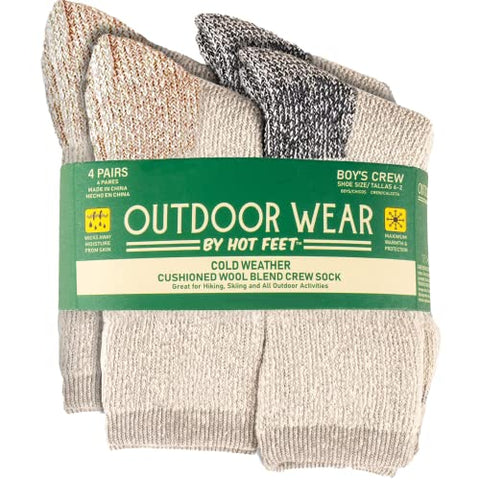 HOT FEET Boys' Outdoor Socks, Warm Youth Socks, Thermal Wool Blend (4 Pack)