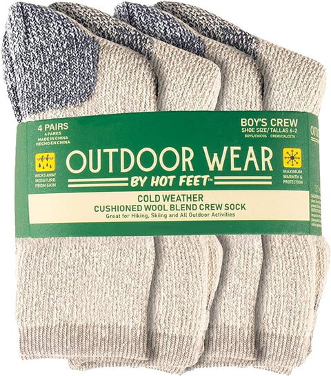 HOT FEET Boys' Outdoor Socks, Warm Youth Socks, Thermal Wool Blend (4 Pack)