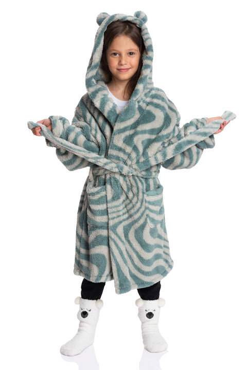 Neutral Elegance: Sherpa Girls Robe in Green Print - Subtle Warmth for Young Fashionistas