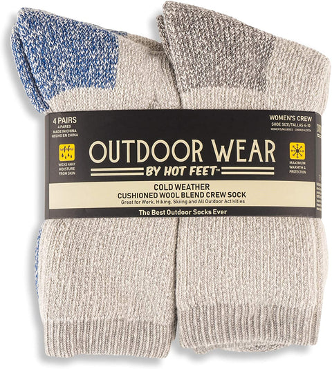 HOT FEET Women's Active Work and Outdoors Socks, Fully Cushioned, Thermal Wool Blend, 4 Pack Warm Reinforced Heel and Toe