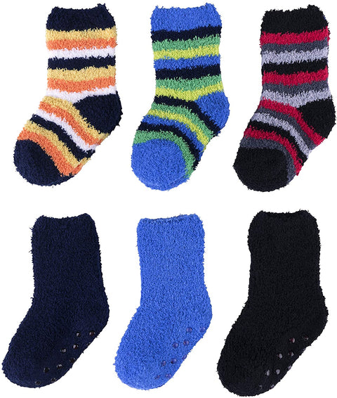 Hot Feet Solid Patterned Cozy Crew 6 pk Socks for Toddler Boys and Girls (Sizes 4 – 5.5)