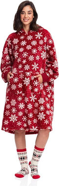 Snowflake Print Red Wearable Blanket Hoodie for Women