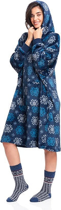 Snowflake Print Blue Wearable Blanket Hoodie for Women