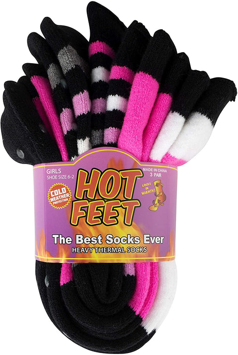 Hot Feet Girl's 3 Pairs Thermal Indoor Slipper Socks, with Gripper bottoms - Thick Brush Inner Insulated