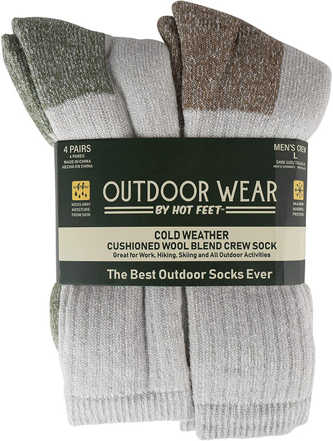 Hot Feet Mens Active Work and Outdoors Socks, Fully Cushioned, Thermal Wool Blend, 4 Pack Warm Reinforced Heel and Toe by HOT FEET (Grey & Blue)