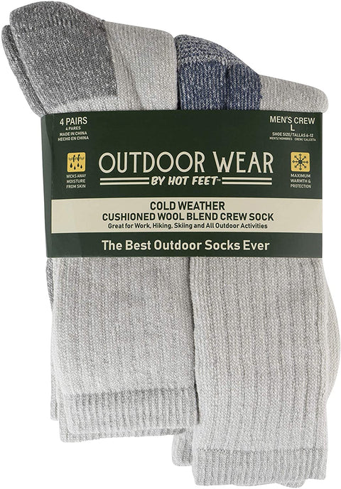 Hot Feet Mens Active Work and Outdoors Socks, Fully Cushioned, Thermal Wool Blend, 4 Pack Warm Reinforced Heel and Toe by HOT FEET (Grey & Blue)